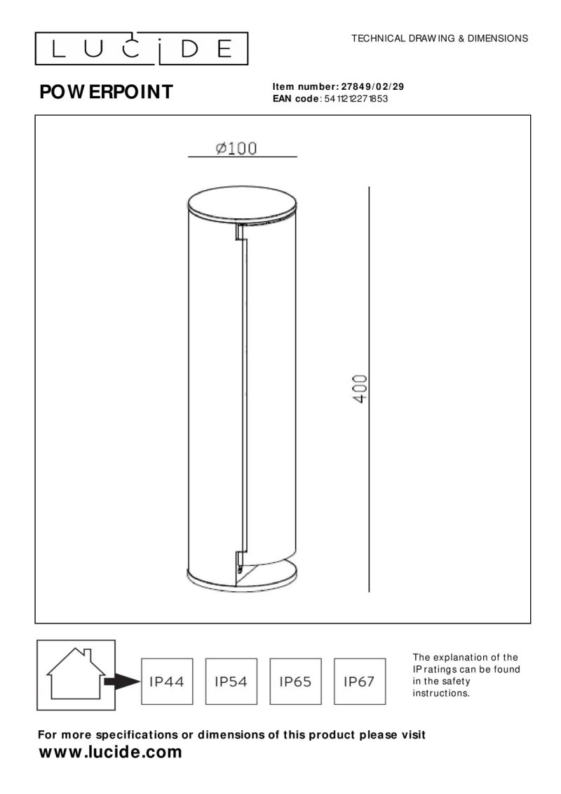 Lucide POWERPOINT - Vonkajší zásuvkový stĺp - Zásuvky s kolíkovým uzemnením - Typ E - FR, BE, POL, SVK / CZE štandard - Ø 10 cm - IP44 - Antracit